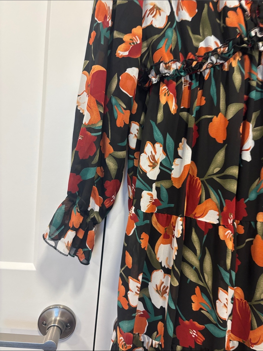 Floral V-Neck Long Sleeve Maxi Dress in Black and Rust - Picture 3 of 7